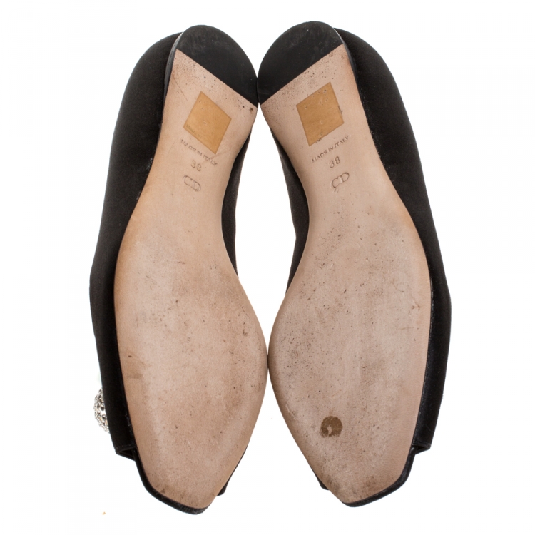 Pre Owned Dior Black Satin Crystal Embellished Peep Toe Ballet Flats Size 38
