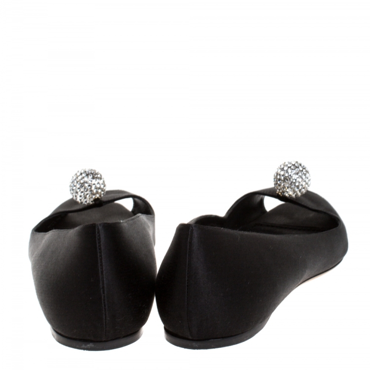 Pre Owned Dior Black Satin Crystal Embellished Peep Toe Ballet Flats Size 38