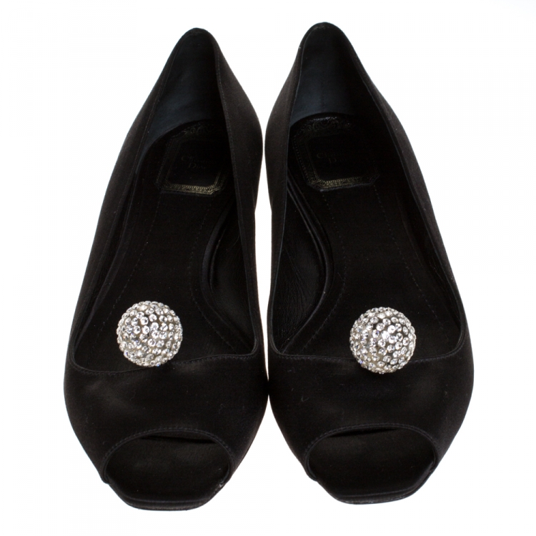 Pre Owned Dior Black Satin Crystal Embellished Peep Toe Ballet Flats Size 38