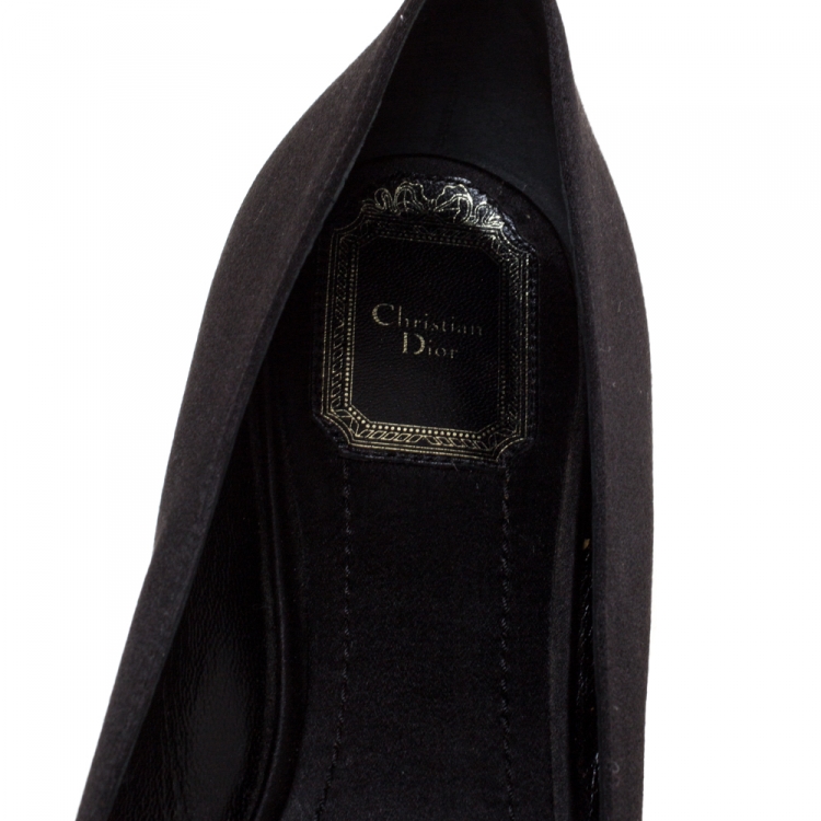 Pre Owned Dior Black Satin Crystal Embellished Peep Toe Ballet Flats Size 38