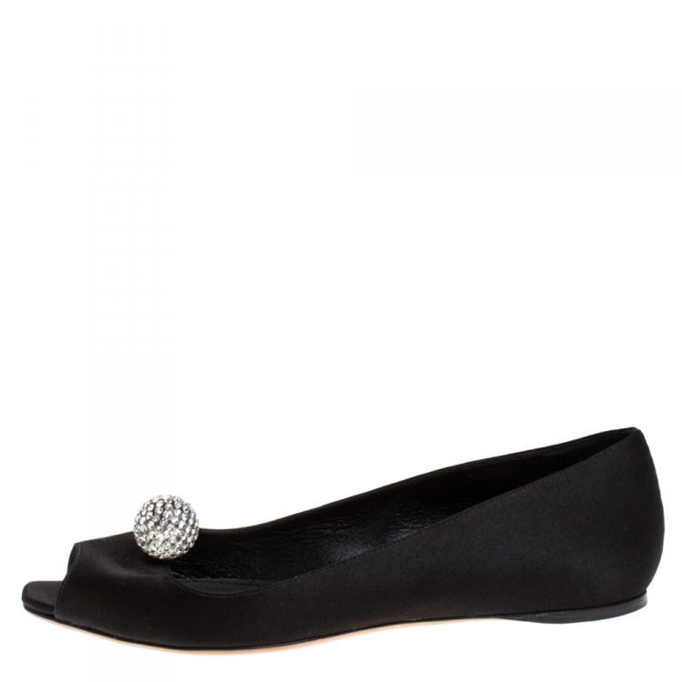 Pre Owned Dior Black Satin Crystal Embellished Peep Toe Ballet Flats Size 38