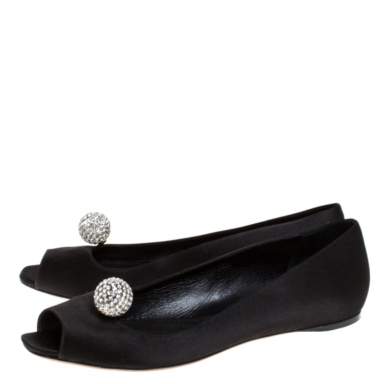 Pre Owned Dior Black Satin Crystal Embellished Peep Toe Ballet Flats Size 38