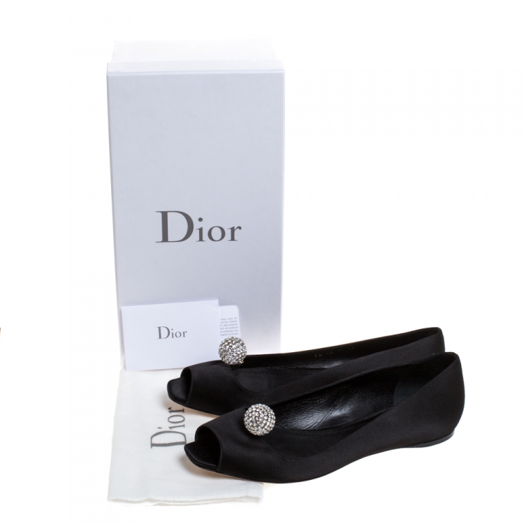 Pre Owned Dior Black Satin Crystal Embellished Peep Toe Ballet Flats Size 38