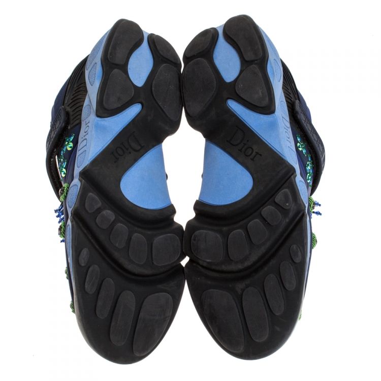 Pre Owned Dior Blue Fabric And Mesh Neoprene Fusion Embellished Low-Top Sneakers Size 40.5