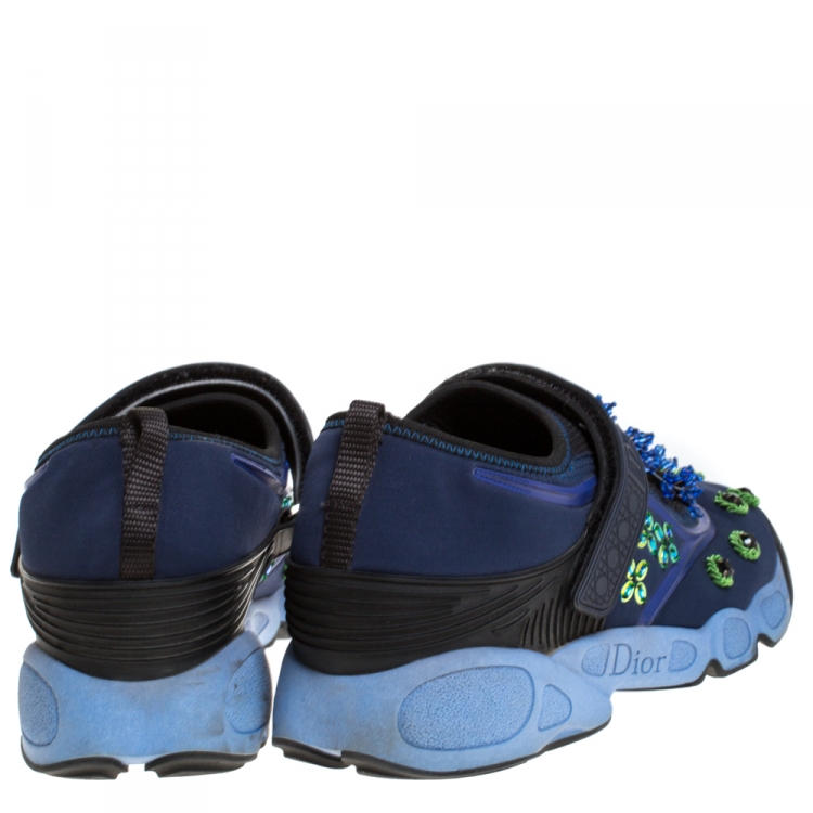 Pre Owned Dior Blue Fabric And Mesh Neoprene Fusion Embellished Low-Top Sneakers Size 40.5
