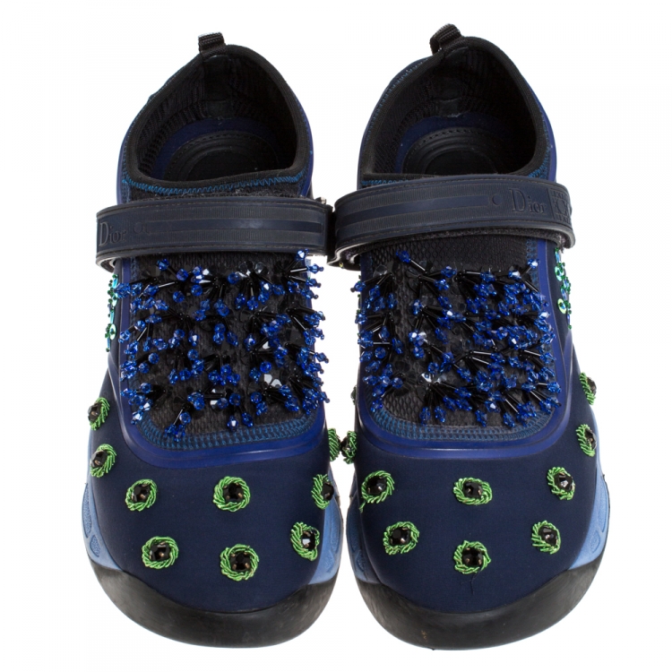 Pre Owned Dior Blue Fabric And Mesh Neoprene Fusion Embellished Low-Top Sneakers Size 40.5