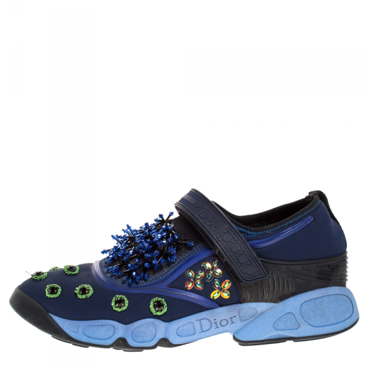 Pre Owned Dior Blue Fabric And Mesh Neoprene Fusion Embellished Low-Top Sneakers Size 40.5