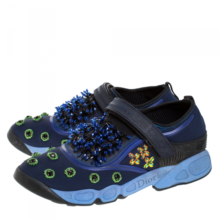 Pre Owned Dior Blue Fabric And Mesh Neoprene Fusion Embellished Low-Top Sneakers Size 40.5
