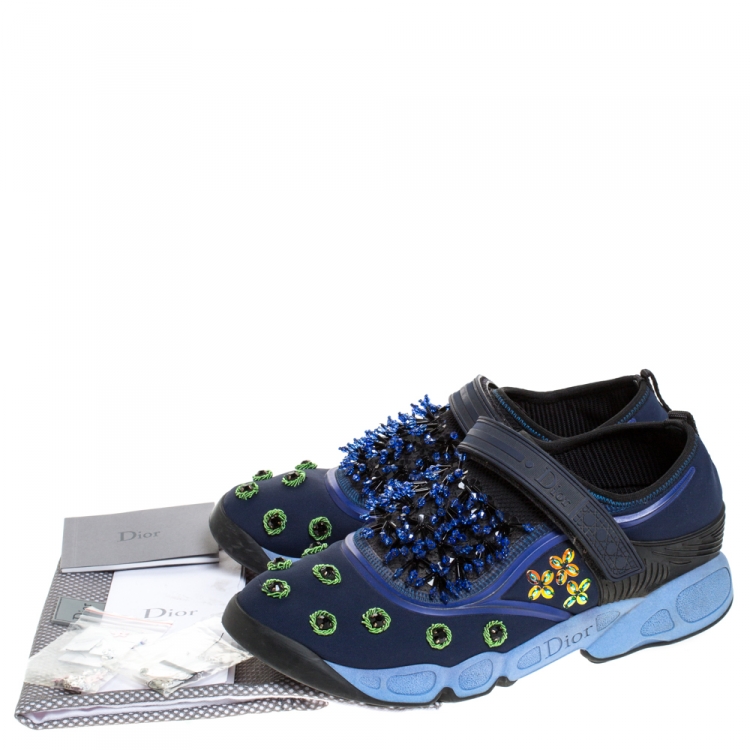 Pre Owned Dior Blue Fabric And Mesh Neoprene Fusion Embellished Low-Top Sneakers Size 40.5