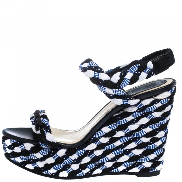 Pre Owned Dior Tri Color Braided Fabric and Leather Open Toe Wedge Sandals Size 40