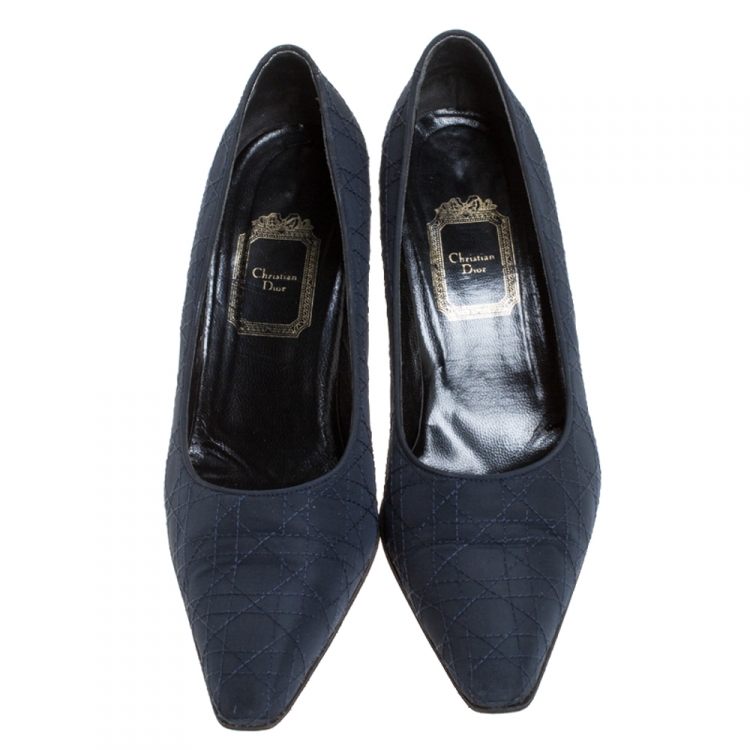 Pre Owned Vintage Dior Dark Blue Cannage Fabric Pointed Toe Pumps Size 38