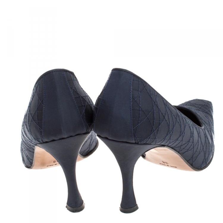 Pre Owned Vintage Dior Dark Blue Cannage Fabric Pointed Toe Pumps Size 38
