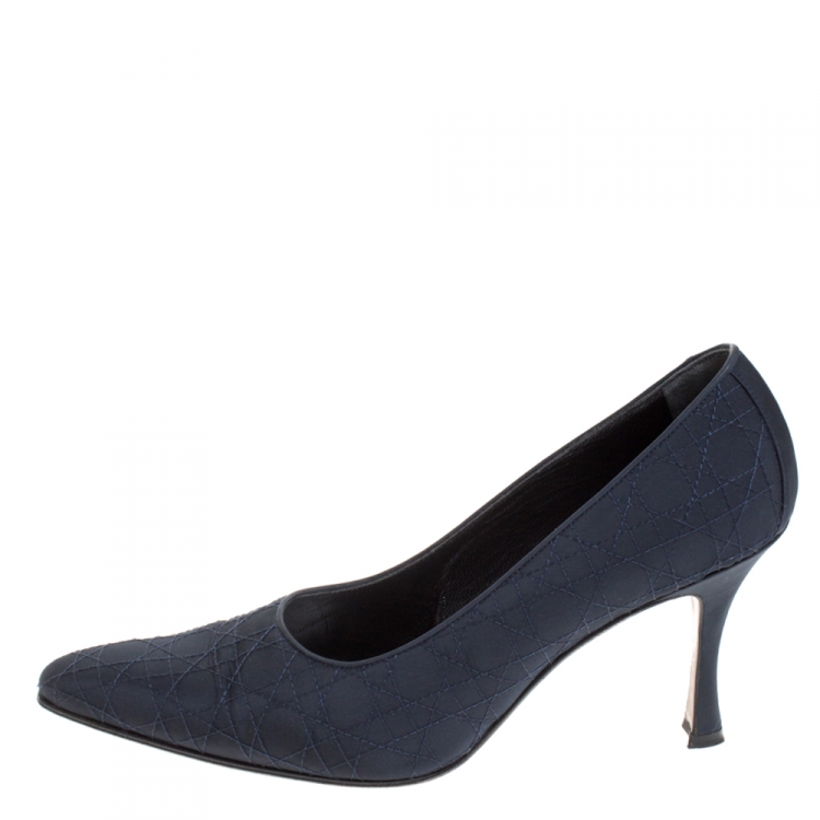 Pre Owned Vintage Dior Dark Blue Cannage Fabric Pointed Toe Pumps Size 38