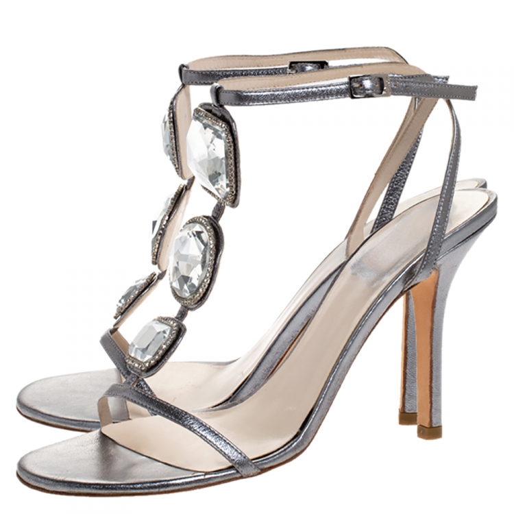 مملوكة مسبقًا Dior Metallic Grey Crystal Embellished T-strap Sandals Size 36