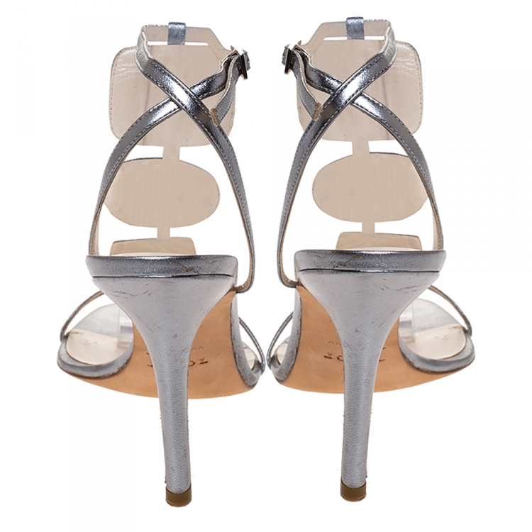 مملوكة مسبقًا Dior Metallic Grey Crystal Embellished T-strap Sandals Size 36