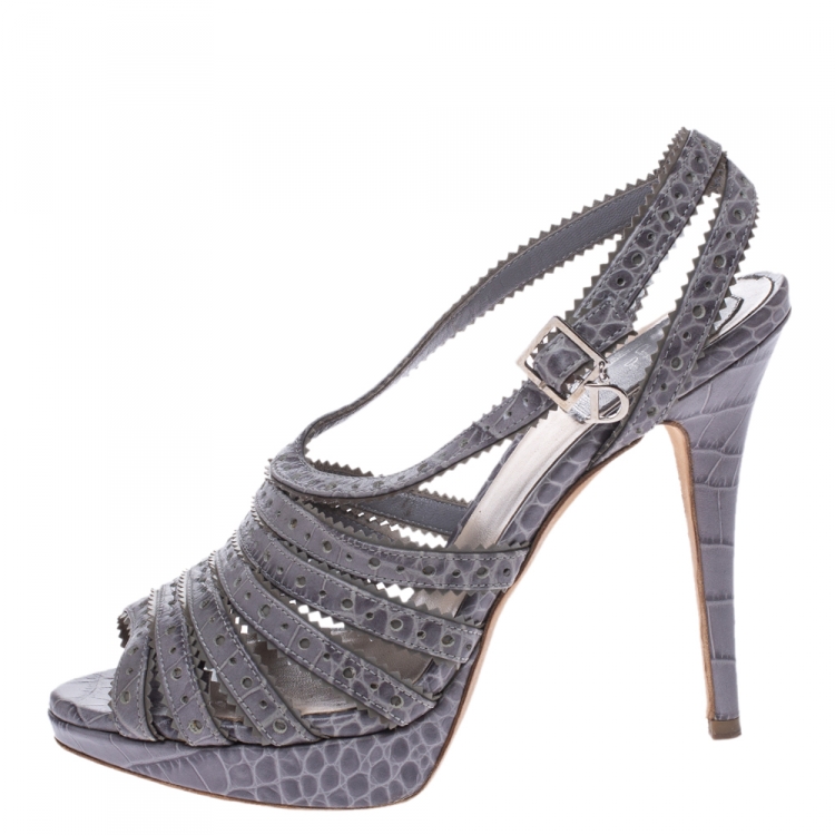 Pre Owned Dior Grey Python Embossed Leather Bonnie Peep Toe Platform Ankle Strap Sandals Size 37