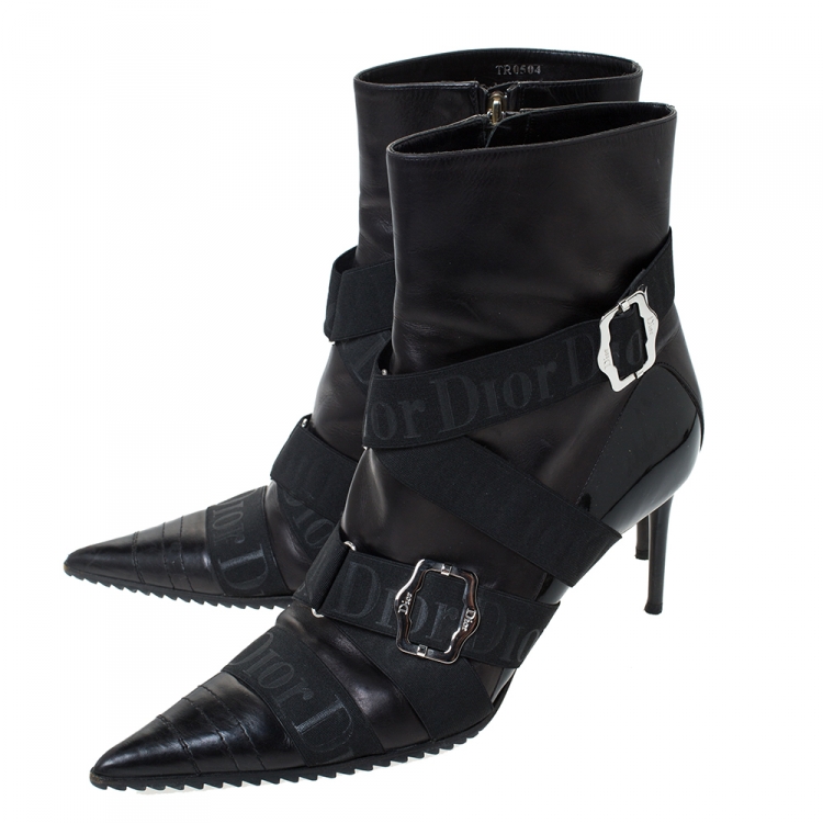 مملوكة مسبقًا Dior Black Leather Elastic Logo Strap And Buckle Embellished Pointed Toe Ankle Boots Size 40