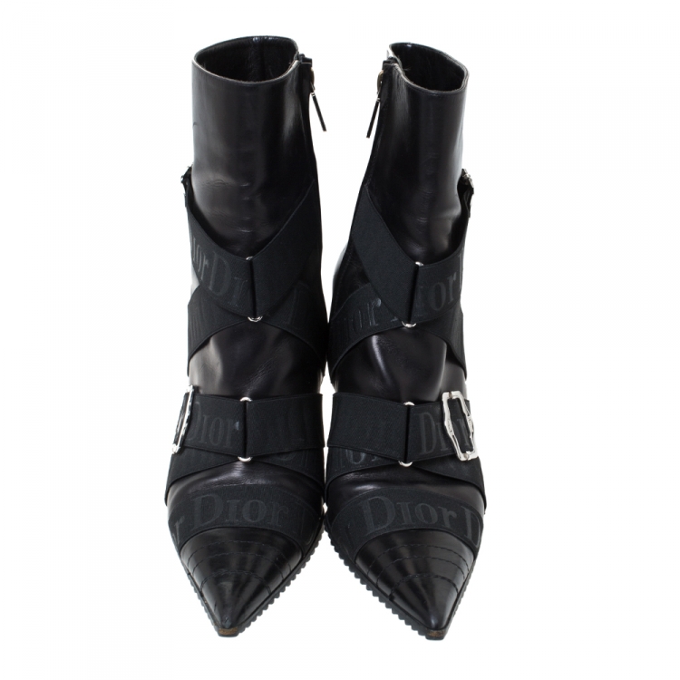 مملوكة مسبقًا Dior Black Leather Elastic Logo Strap And Buckle Embellished Pointed Toe Ankle Boots Size 40