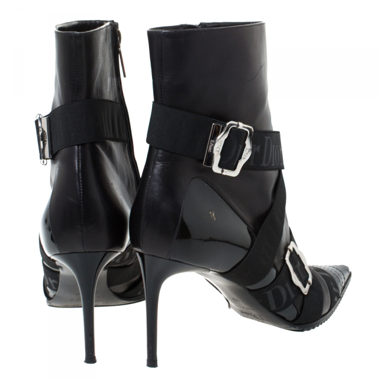 مملوكة مسبقًا Dior Black Leather Elastic Logo Strap And Buckle Embellished Pointed Toe Ankle Boots Size 40