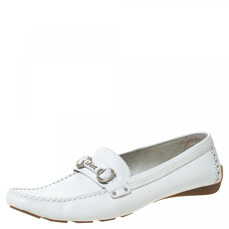 Pre Owned Dior White Leather Logo Embellished Slip On Loafers Size 41