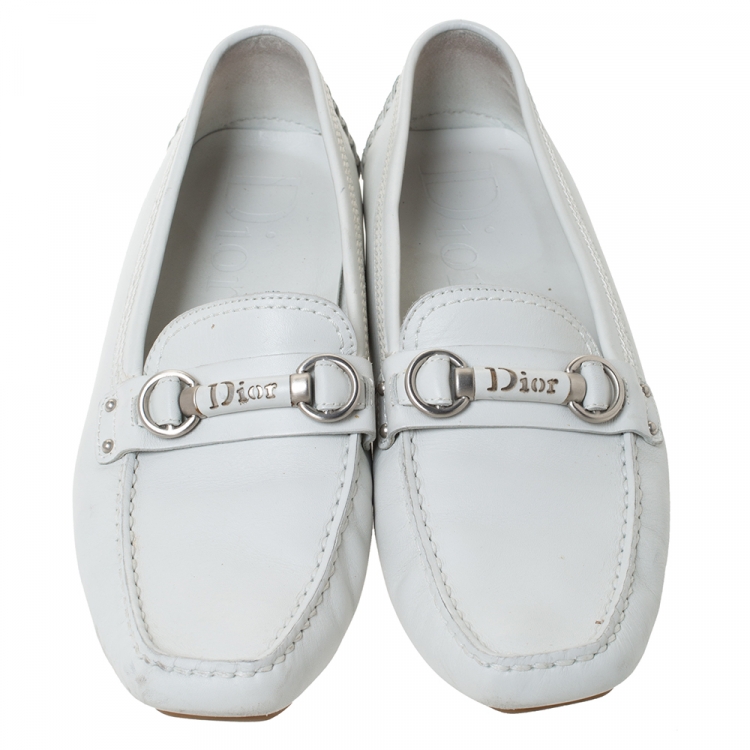 Pre Owned Dior White Leather Logo Embellished Slip On Loafers Size 41