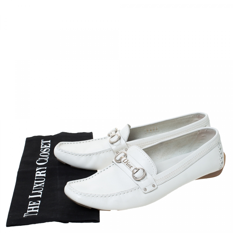 Pre Owned Dior White Leather Logo Embellished Slip On Loafers Size 41