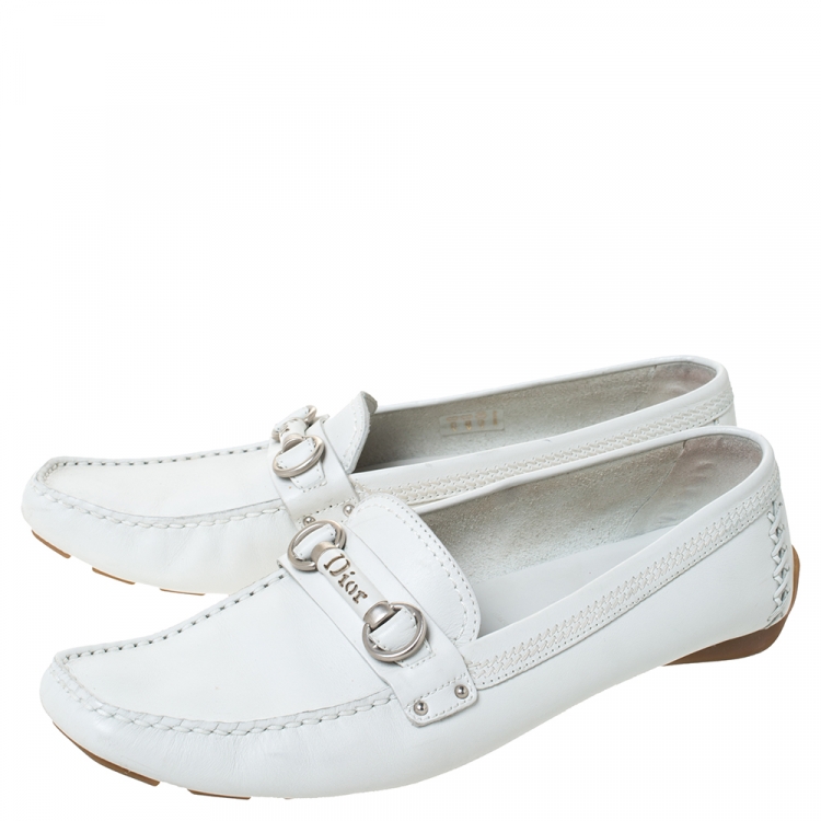 Pre Owned Dior White Leather Logo Embellished Slip On Loafers Size 41