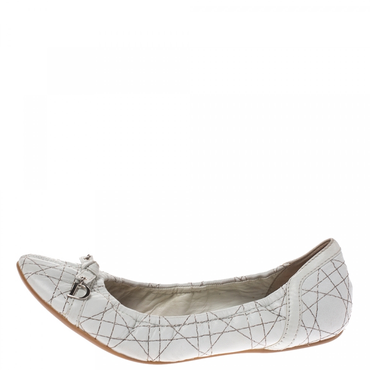 Pre Owned Dior White Cannage Leather Bow Detail Ballet Flats Size 41