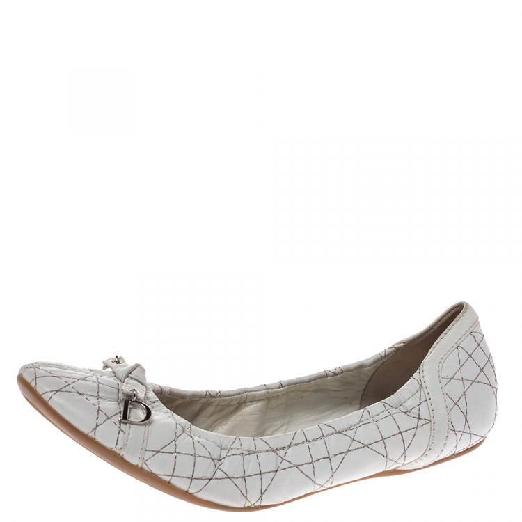 Pre Owned Dior White Cannage Leather Bow Detail Ballet Flats Size 41