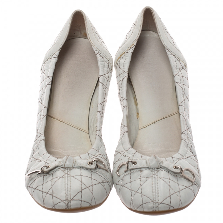 Pre Owned Dior White Cannage Leather Bow Detail Ballet Flats Size 41