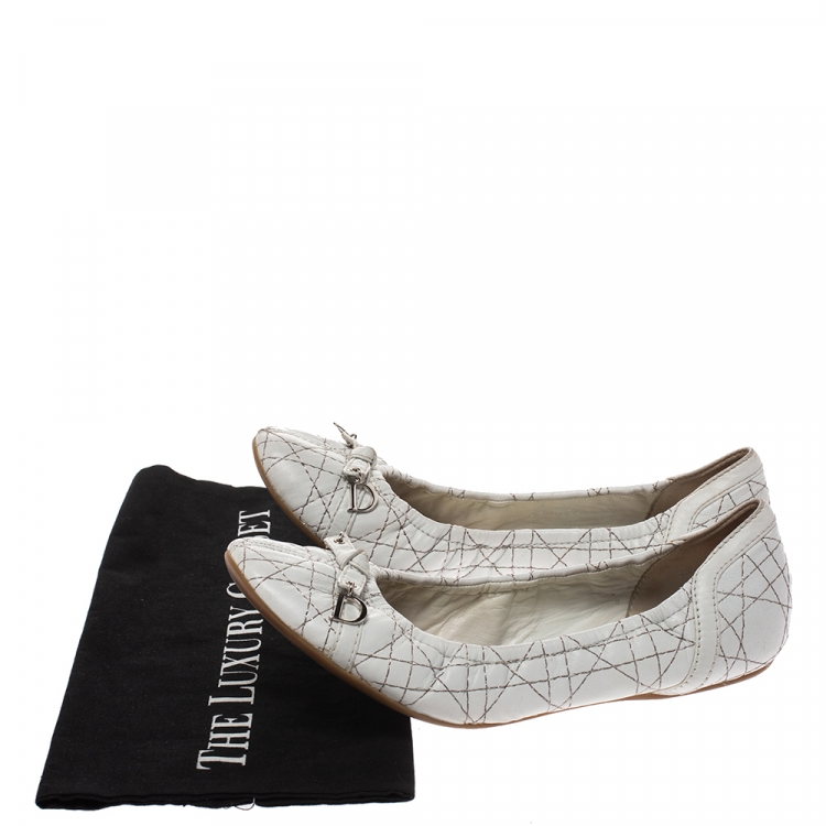 Pre Owned Dior White Cannage Leather Bow Detail Ballet Flats Size 41
