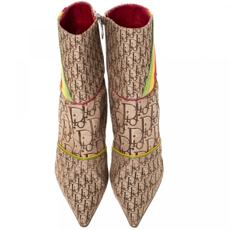 Pre Owned Dior Multicolor Monogram Canvas And Leather Piping Ankle Boots Size 40.5