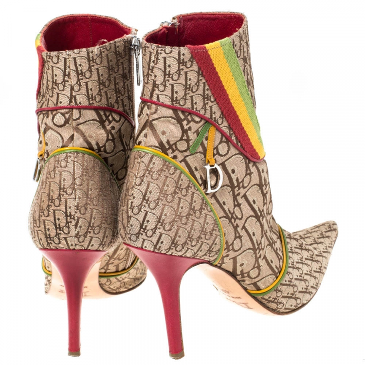 Pre Owned Dior Multicolor Monogram Canvas And Leather Piping Ankle Boots Size 40.5
