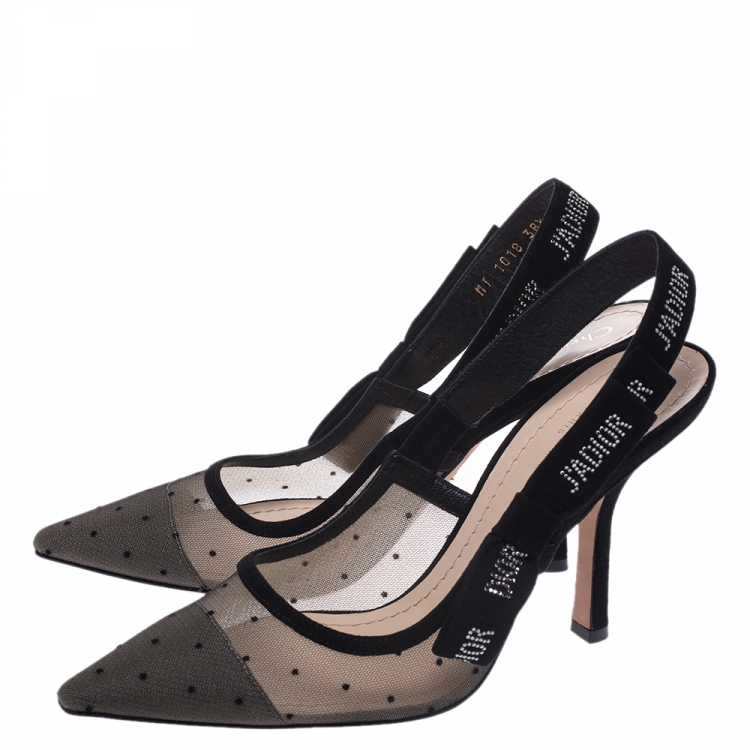 Pre Owned Dior Black Plumetis Mesh J'adior Studded Suede Pointed Toe Slingback Sandals Size 38.5