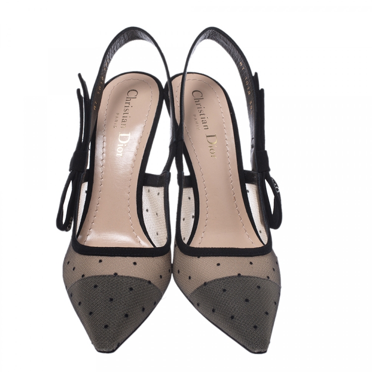 Pre Owned Dior Black Plumetis Mesh J'adior Studded Suede Pointed Toe Slingback Sandals Size 38.5
