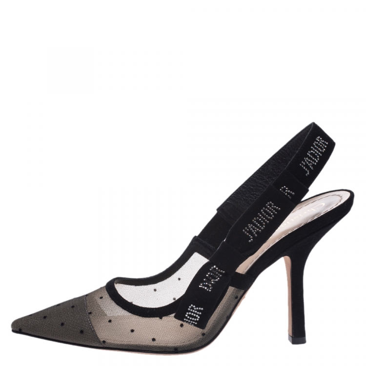 Pre Owned Dior Black Plumetis Mesh J'adior Studded Suede Pointed Toe Slingback Sandals Size 38.5