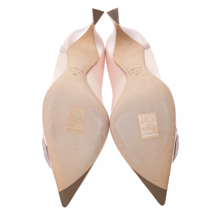 Pre Owned Dior Blush Pink Satin Crystal Embellished Pointed Toe Pumps Size 37
