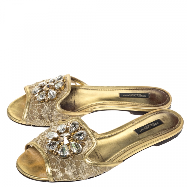 Pre Owned Dolce & Gabbana Gold Lace And Leather Trim Sofia Crystal Embellished Slide Flats Size 37