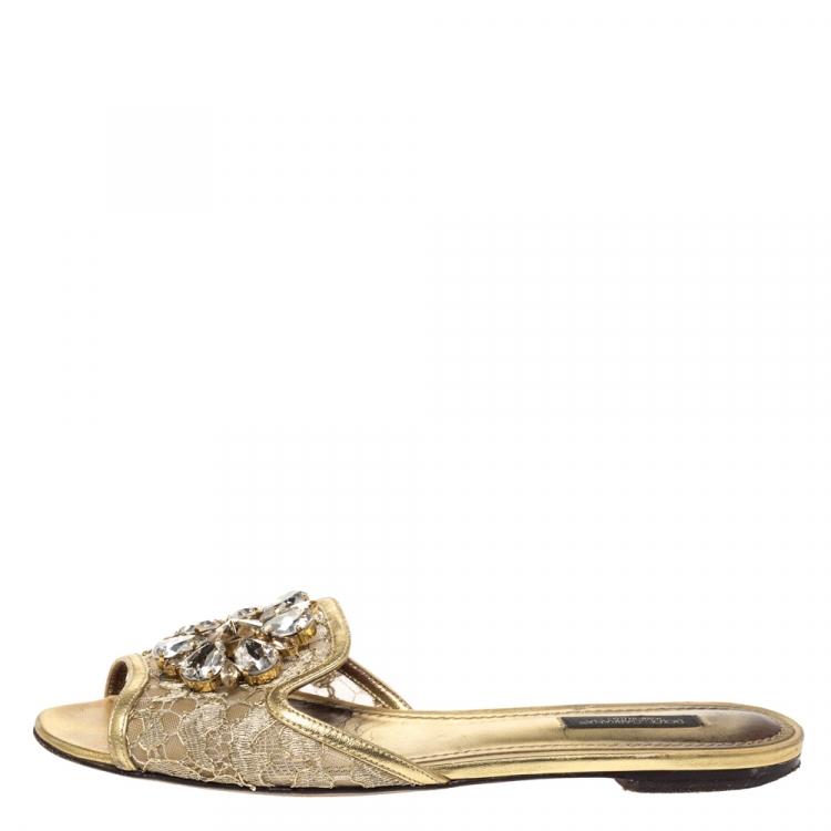 Pre Owned Dolce & Gabbana Gold Lace And Leather Trim Sofia Crystal Embellished Slide Flats Size 37