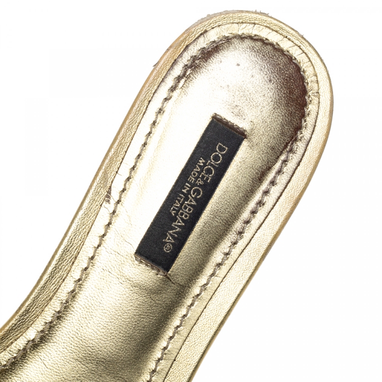 Pre Owned Dolce & Gabbana Gold Lace And Leather Trim Sofia Crystal Embellished Slide Flats Size 37