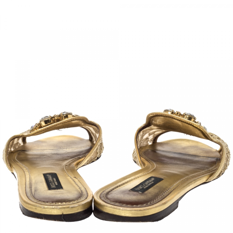 Pre Owned Dolce & Gabbana Gold Lace And Leather Trim Sofia Crystal Embellished Slide Flats Size 37