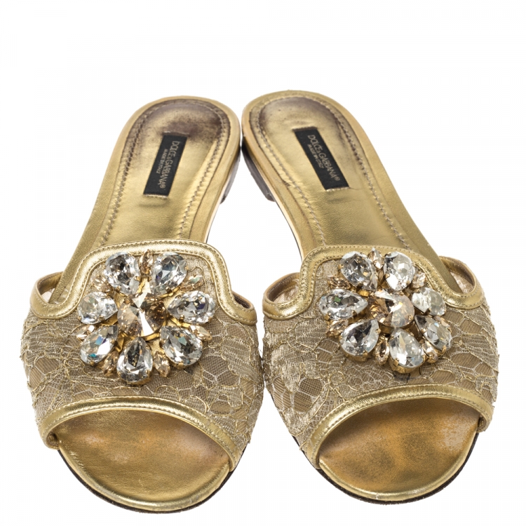 Pre Owned Dolce & Gabbana Gold Lace And Leather Trim Sofia Crystal Embellished Slide Flats Size 37