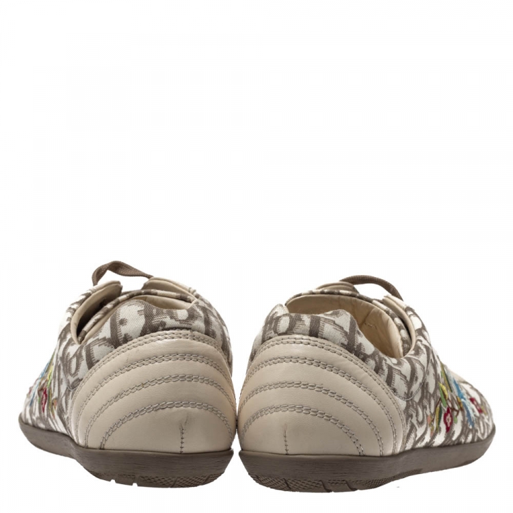 Pre Owned Dior Cream Leather And Floral Embroidered Canvas Lace Up Sneakers Size 40.5