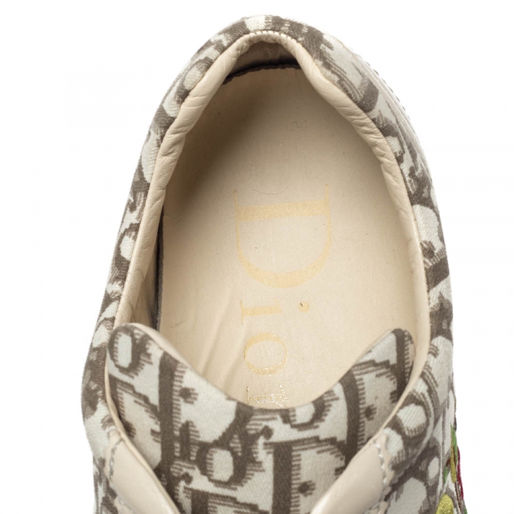 Pre Owned Dior Cream Leather And Floral Embroidered Canvas Lace Up Sneakers Size 40.5