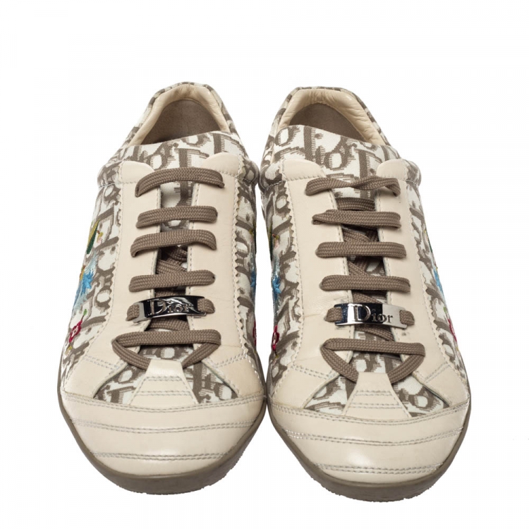 Pre Owned Dior Cream Leather And Floral Embroidered Canvas Lace Up Sneakers Size 40.5