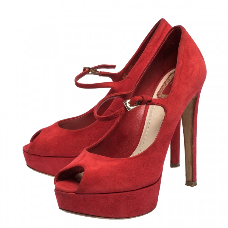 Pre Owned Christian Dior Red Suede Mary Jane Peep Toe Platform Pumps Size 38