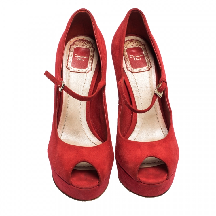 Pre Owned Christian Dior Red Suede Mary Jane Peep Toe Platform Pumps Size 38