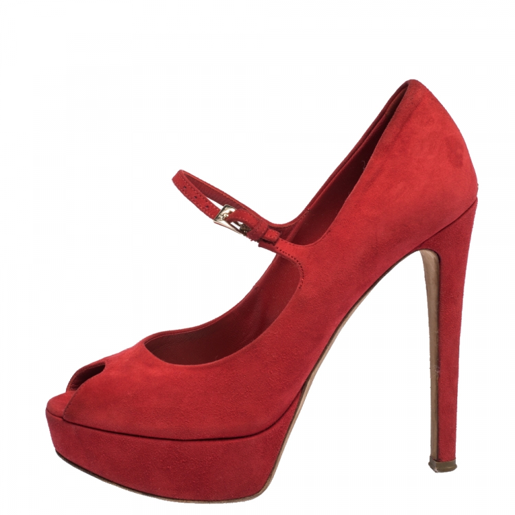 Pre Owned Christian Dior Red Suede Mary Jane Peep Toe Platform Pumps Size 38