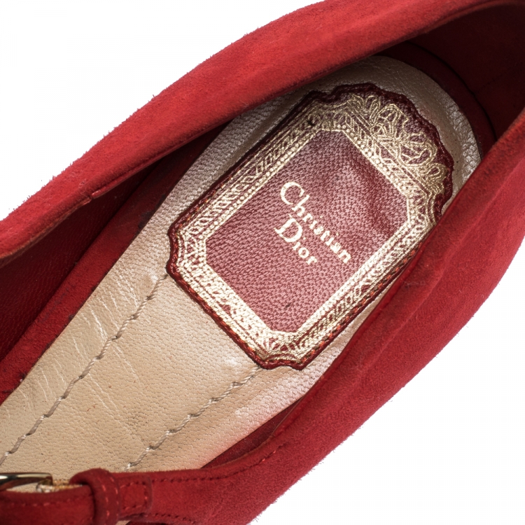 Pre Owned Christian Dior Red Suede Mary Jane Peep Toe Platform Pumps Size 38
