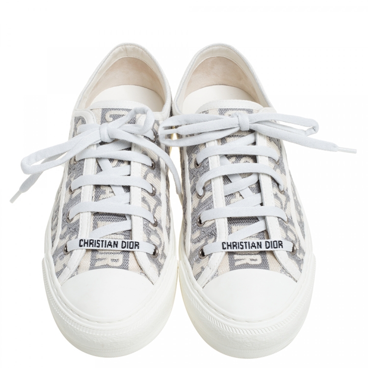 Pre Owned Dior Grey Embroidered Cotton Oblique Motif Walk'n'Dior Low Top Sneakers Size 38